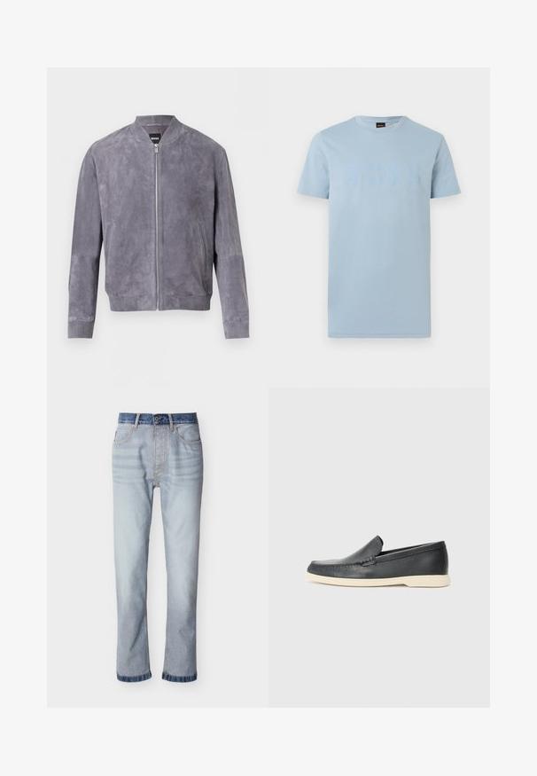Blouson aviateur en daim gris avec fermeture éclair frontale, col, poignets et ceinture côtelés, doté de poches latérales et d'une étiquette BOSS à l'intérieur du col.; T-shirt bleu clair à manches courtes et col rond avec logo "BOSS" embossé sur la poitrine et une petite étiquette noire "BOSS" au niveau du col.; Jean denim bleu clair avec une ceinture bleu foncé, coupe droite, cinq poches et détails de couture visibles.; Mocassin noir en cuir à enfiler avec semelle beige, positionné en suspension près d'un porte-revues en fil métallique sur un sol en terrazzo.