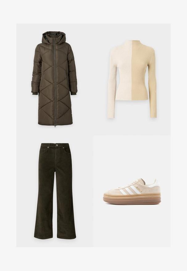 Pufferjakke i olivengrøn med hætte, lynlåslukning, to for- og to baglommer samt et quiltet diamantmønster. Stoffet ser glat og blødt ud.; Ribbede turtleneck sweater med lange ærmer, der har et tofarvet design i creme og beige, som fremhæver kontrasterende tekster og farver.; Vero Moda Petite VMTESSA PANTS - Bukser - forest night; Beige ruskindsneaker med hvide læderdetaljer, der har tre hvide striber, et gyldent logo og en tyk, gennemsigtig gummisål.