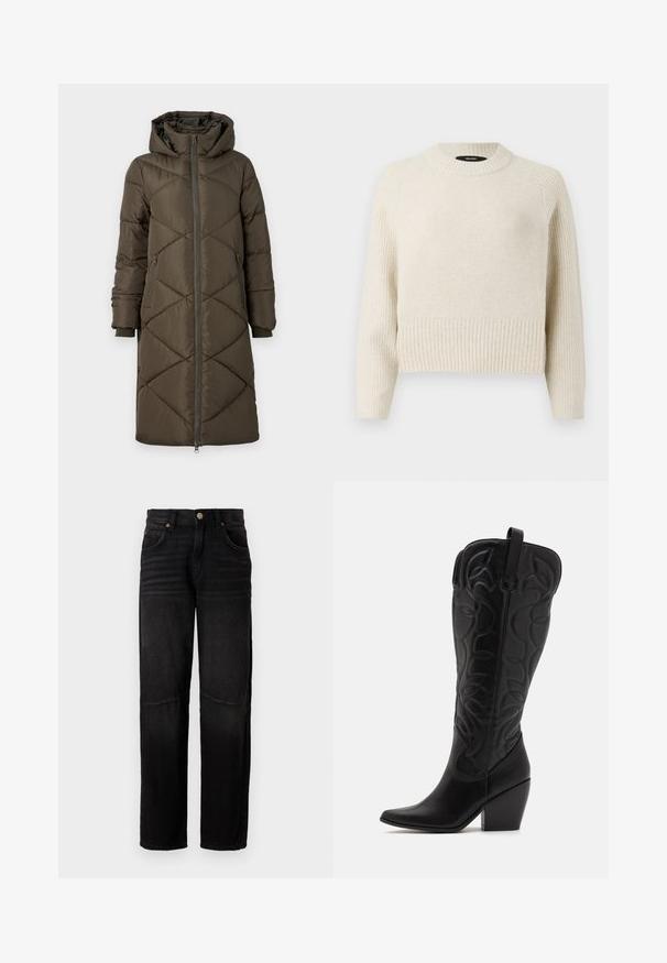 Pufferjakke i olivengrøn med hætte, lynlåslukning, to for- og to baglommer samt et quiltet diamantmønster. Stoffet ser glat og blødt ud.; Lys beige strikket sweater med ribkant og tekstureret krop. Har rund hals og lange ærmer med en afslappet pasform.; Sorte denimjeans med lige ben, fem lommer, knaplukning og subtile falmede detaljer ved lårene og knæene.; Sorte knæhøje støvler i læder med spids snude og lagdelt hæl. Har dekorative syninger og buede designelementer.