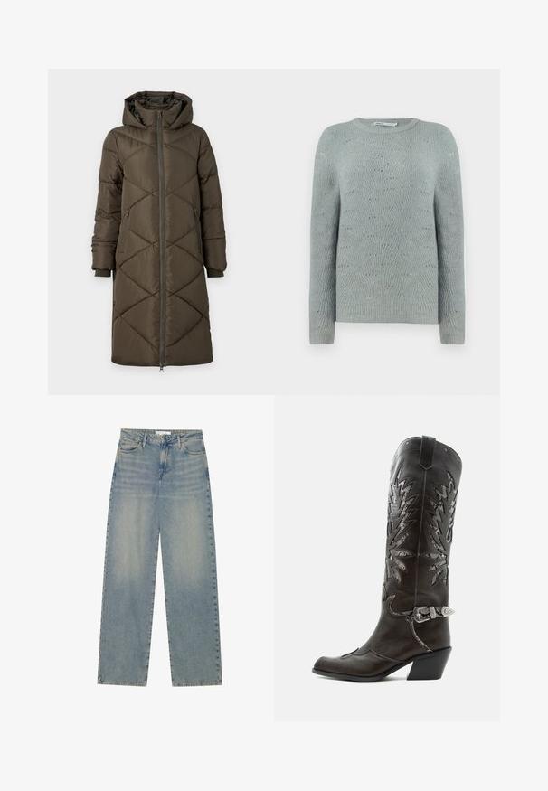 Pufferjakke i olivengrøn med hætte, lynlåslukning, to for- og to baglommer samt et quiltet diamantmønster. Stoffet ser glat og blødt ud.; Lyseblå strikket sweater med rund halsudskæring, lange ærmer og et tekstureret bølgemønster i hele stoffet.; Lyseblå højtaljede lige ben jeans i denim med forlommer, bæltestropper og synlig knap- og lynlåslukning.; Sort læder cowboystøvle med dekorative udskæringer, sølvspænde og skrå hæl, vist på hvid baggrund.