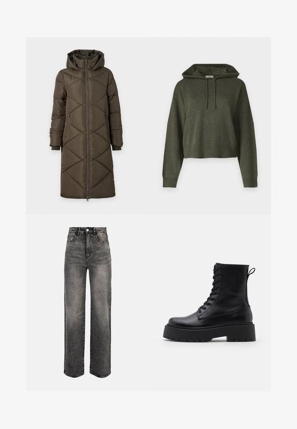 Pufferjakke i olivengrøn med hætte, lynlåslukning, to for- og to baglommer samt et quiltet diamantmønster. Stoffet ser glat og blødt ud.; Olivenfarvet cropped hoodie lavet af et tekstureret stof, med hæklet hætte og ribbede manchetter og kant. Simpel, afslappet design.; Sort, højhalset denimjeans med brede ben, bleget finish, forlommer, bæltestropper og en enkelt metalknaplukning.; Sorte læder ankelstøvler med rund tå, snørebånd foran og en tyk gummisål med struktureret slidbane. Hæfteløkke bagpå.