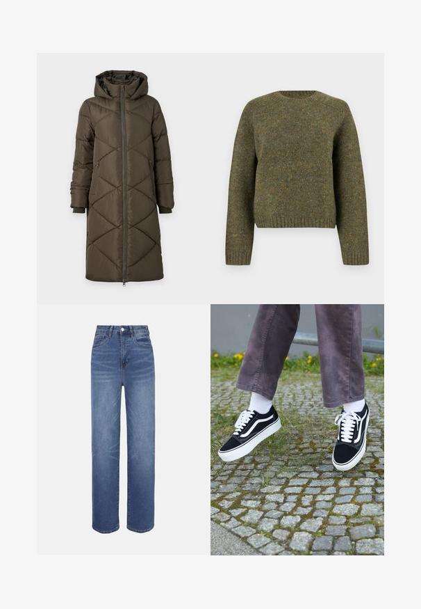 Pufferjakke i olivengrøn med hætte, lynlåslukning, to for- og to baglommer samt et quiltet diamantmønster. Stoffet ser glat og blødt ud.; Grøn uldtrøje med rund hals, ribbede manchetter og kant, tekstureret stof og en let løs pasform.; Lyseblå denimjeans med højtaljet, lige ben, fem-lomme-design og subtile falmede detaljer i hele stoffet.; Sorte ruskinds sneakers med hvide accenter, med rund tå, tyk hvid sål og klassisk snørebåndsdesign, båret med hvide sokker og lilla bukser.