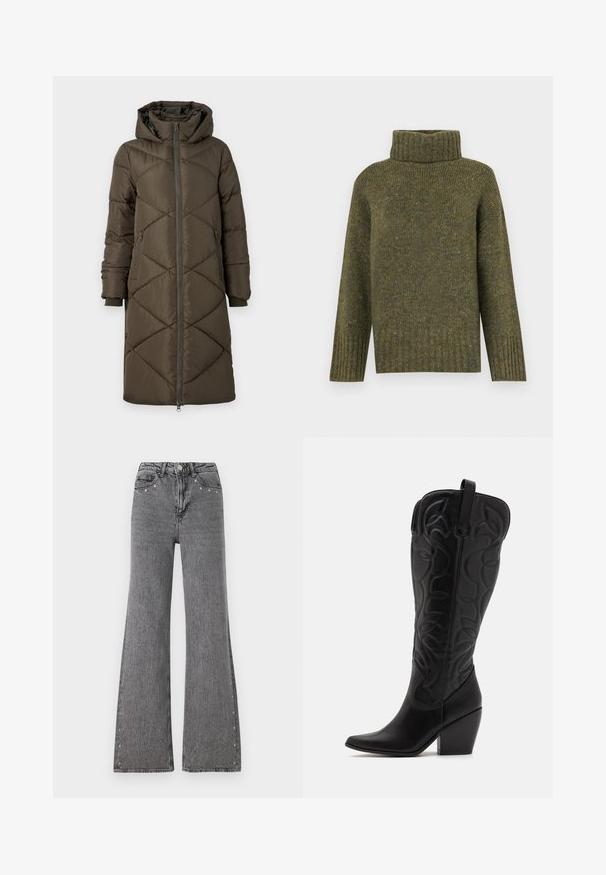 Pufferjakke i olivengrøn med hætte, lynlåslukning, to for- og to baglommer samt et quiltet diamantmønster. Stoffet ser glat og blødt ud.; Vero Moda Knitted VMINGRID Knitted - Striktrøje - grape leaf; Bredde ben jeans i grå denim med høj talje, frontlommer og dekorative nitter langs sidesømmene. Glat tekstur.; Sorte knæhøje støvler i læder med spids snude og lagdelt hæl. Har dekorative syninger og buede designelementer.