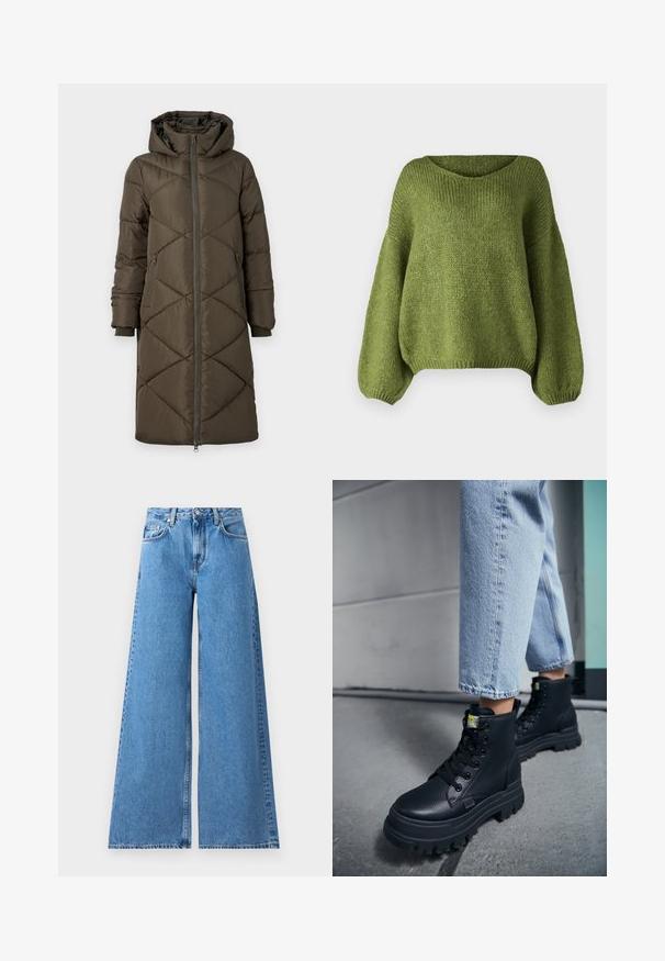 Doudoune en vert olive, avec capuche, fermeture éclaire, deux poches avant et un motif en losanges matelassé. Le tissu semble lisse et doux.; JDY JDYDINEA L/S REVERSIBLE PULLOV. KNT NOOS - Pullover - fern; Jean en denim bleu à jambes larges avec taille haute, présentant un design classique à cinq poches et des coutures sur les côtés pour un détail supplémentaire.; Personne portant un jean bleu clair et des bottes noires épaisses à lacets, debout sur un sol en béton près d’un mur.