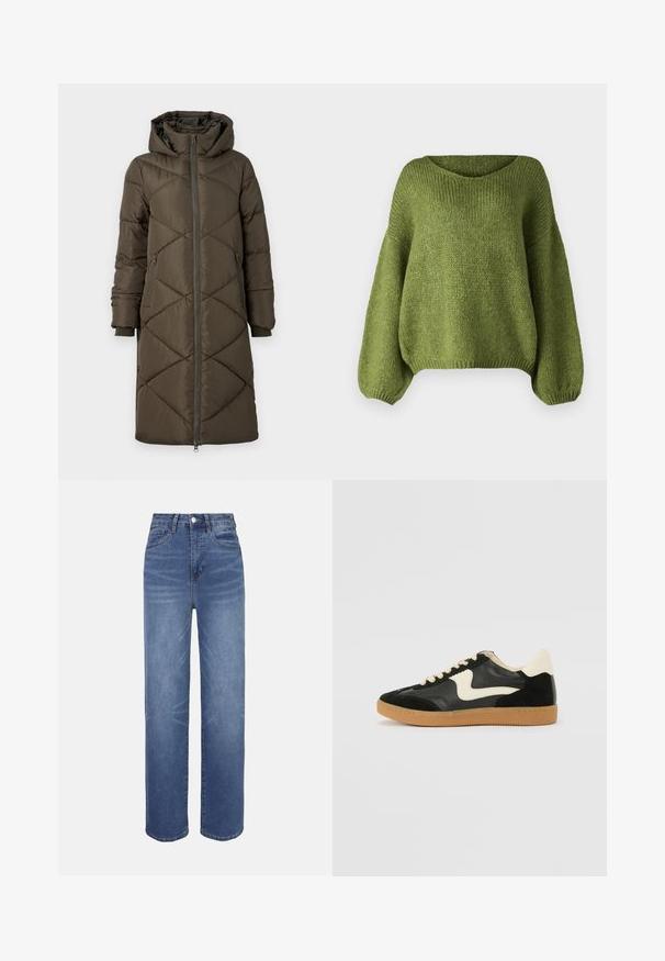Doudoune en vert olive, avec capuche, fermeture éclaire, deux poches avant et un motif en losanges matelassé. Le tissu semble lisse et doux.; JDY Knitted JDYDINEA Knitted - Pullover - fern; Jean en denim bleu clair à taille haute, coupe droite, style cinq poches, avec des détails de décoloration subtils sur l'ensemble du tissu.; Baskets en daim et cuir noir avec un swoosh latéral crème et un talon crème clair. Dotées de lacets beige et d'une semelle en caoutchouc gomme.
