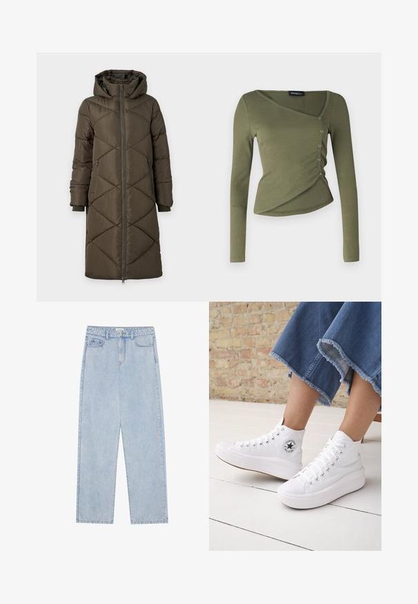 Pufferjakke i olivengrøn med hætte, lynlåslukning, to for- og to baglommer samt et quiltet diamantmønster. Stoffet ser glat og blødt ud.; Langærmet, olivengrøn top i ribbet stof. Har et draperet design med V-hals og sidelukninger langs den overlappende kant.; Lyseblå, højtaljede denimbukser med lige ben, fem lommer og synlige sømme. Materialet har en klassisk vaskeeffekt.; Person iført hvide høje Converse-sneakers med tykke såler og beskårne blå jeans med flossede kanter mod en murstensvæg og hvidt gulv.