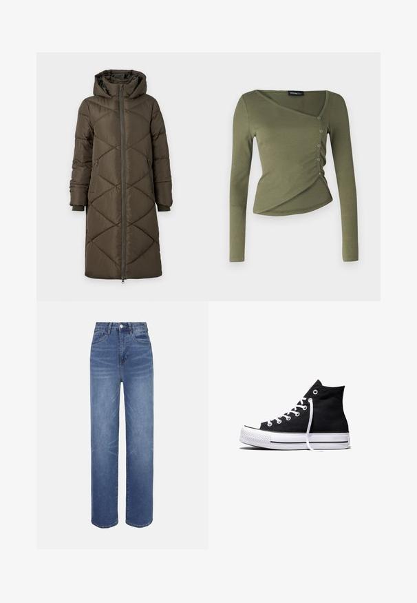Pufferjakke i olivengrøn med hætte, lynlåslukning, to for- og to baglommer samt et quiltet diamantmønster. Stoffet ser glat og blødt ud.; Langærmet, olivengrøn top i ribbet stof. Har et draperet design med V-hals og sidelukninger langs den overlappende kant.; Lyseblå denimjeans med højtaljet, lige ben, fem-lomme-design og subtile falmede detaljer i hele stoffet.; Sort high-top canvas sneaker med hvid gummisål og hvide snørebånd, vist fra siden mod en hvid baggrund.