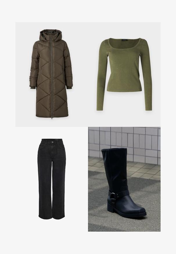 Pufferjakke i olivengrøn med hætte, lynlåslukning, to for- og to baglommer samt et quiltet diamantmønster. Stoffet ser glat og blødt ud.; Olivengrøn langærmet top lavet af ribbet stof, med firkantet udskæring og tætsiddende design. Karakteristisk tekstur med diskrete mønstre.; Høj talje sorte denim jeans med lige ben, knap i front og fem-lomme design.; Sort læderstøvle midt på læggen med lav blokhæle og en dekorativ rem med metal spænde rundt om anklen, på en flisebelagt fortov.