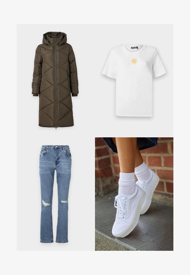 Daunenjacke in olivgrün mit Kapuze, Reißverschluss, zwei Fronttaschen und einem gesteppte Rautenmuster. Der Stoff wirkt glatt und weich.; Weißes Baumwoll-T-Shirt mit kurzen Ärmeln, das auf der Brust ein kleines, gesticktes Sonnenmotiv in Gelb und Pink zeigt.; Hochgeschnittene blaue Jeans aus Denim mit geradem Bein, verwaschenen Akzenten und Knie-Rissen sowie einer dezenten, verblassten Textur.; Weiße Leinensneaker mit Gummisohlen, ausgestattet mit sechs Ösen, runder Zehenpartie und dezenten Nähten, kombiniert mit weißen Knöchelsocken.