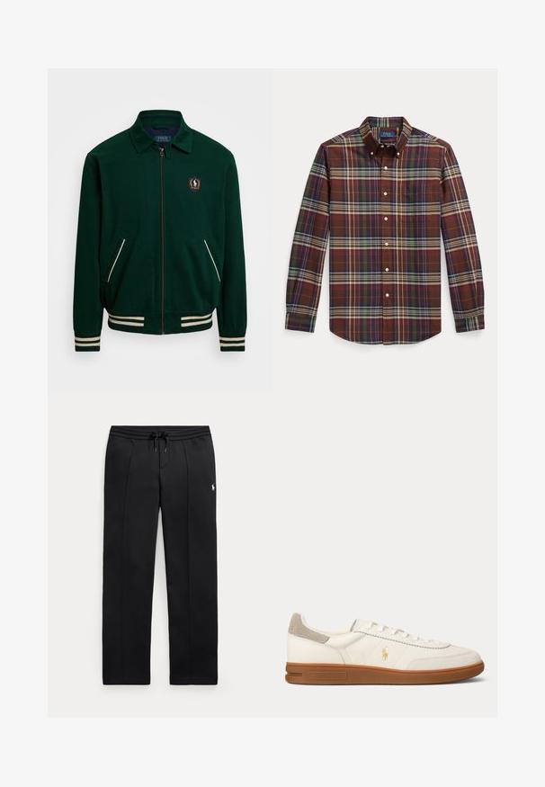 Chaqueta verde con cremallera y cuello puntiagudo, acentos de franjas blancas y un parche de logo en el lado izquierdo del pecho. Cuenta con dos bolsillos frontales.; Camisa de manga larga con botones, con un patrón de cuadros en marrón, verde, morado y beige y un bolsillo en el pecho.; Pantalones deportivos negros de pierna recta con cintura ajustable con cordón y pequeño logo blanco en el muslo izquierdo, mostrados planos sobre un fondo claro.; Zapatilla blanca de piel con corte bajo, suela de goma marrón, parche de ante beige en el talón y pequeño logo dorado de Polo en el lateral.