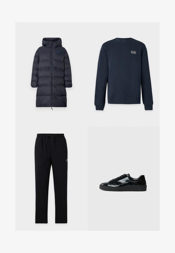 Lang marineblå polstret vinterfrakke med hætte, fuld frontlynlås, elastiske manchetter og EA7-logo på brystet.; Marineblå langærmet sweatshirt med rund hals og ribkant på ærmer og kant, med et lille EA7 Emporio Armani-logo på venstre bryst.; Sorte joggingbukser med elastisk talje og snøre, lige ben og en lille hvid logo på det øverste venstre lår.; Sorte laklæder sneakers med rund tå, snørredesign, tekstureret gummisål og en glat overflade.