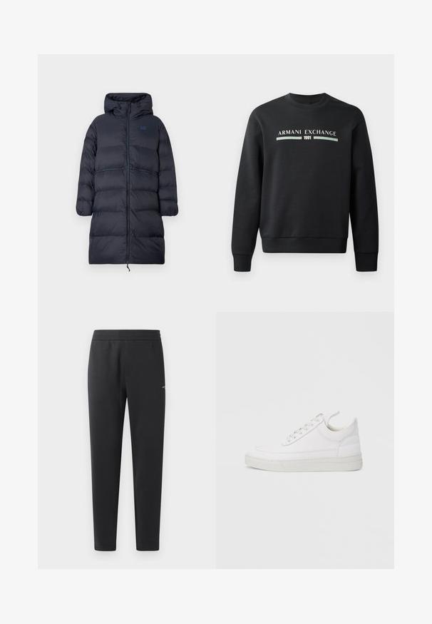 Lang marineblå polstret vinterfrakke med hætte, fuld frontlynlås, elastiske manchetter og EA7-logo på brystet.; Sort sweatshirt lavet af blødt stof. Har en rund hals og lange ærmer. Forsiden viser "ARMANI EXCHANGE" og "1991" i kontrastfarver.; Sorte joggebukser lavet af blødt stof, med elastisk måle, lige ben og et enkelt lille logo detaljeret på siden.; Hvid lædersneaker med rundet tå, flad sål og snørebånd foran. Har syningsdetaljer og polstret krave for komfort.