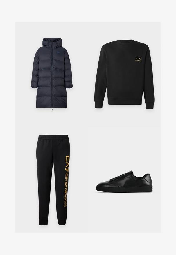 Lang marineblå polstret vinterfrakke med hætte, fuld frontlynlås, elastiske manchetter og EA7-logo på brystet.; Sort langærmet crewneck sweatshirt med lille beige Armani Exchange-logo på venstre bryst.; Sorte sweatpants med elastisk talje og afsluttede ben. Udstyret med et lodret guld logo tryk på venstre ben. Fremstillet af blødt stof.; Svært lavprofileret sort lædersneaker med snørebånd foran og tekstureret flad sål, vist fra siden på en neutral baggrund.