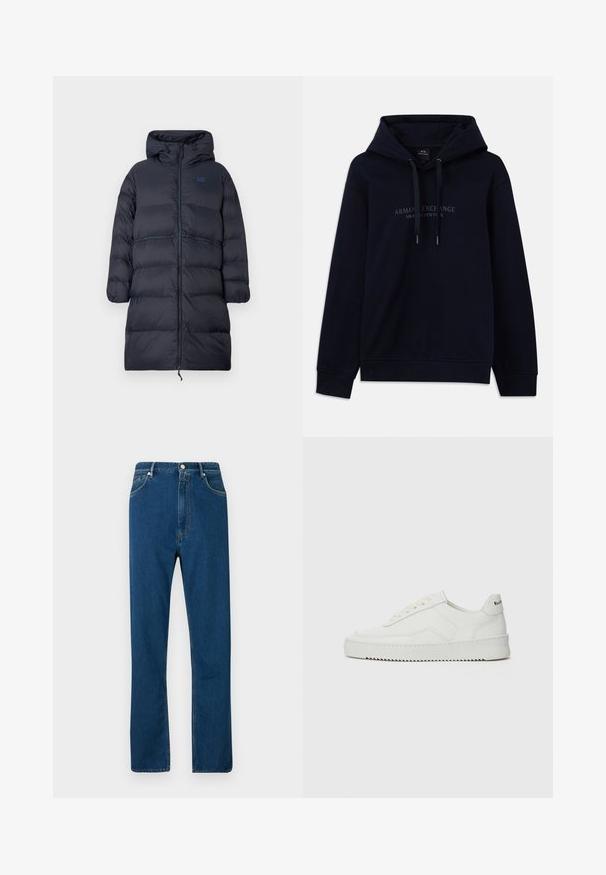 Lang marineblå polstret vinterfrakke med hætte, fuld frontlynlås, elastiske manchetter og EA7-logo på brystet.; Marineblå hoodie med snoretræk og "Armani Exchange Milano / New York" trykt på brystet, med ribbede manchetter og kant.; Blå denimjeans med høj talje, lige ben, fem lomme-design og kontrasterende orange syninger. Glat tekstur.; Hvide lædersneakers med en glat overflade, rund tå, flade snørebånd og en tekstureret sål. Har et diskret logo på hælen.