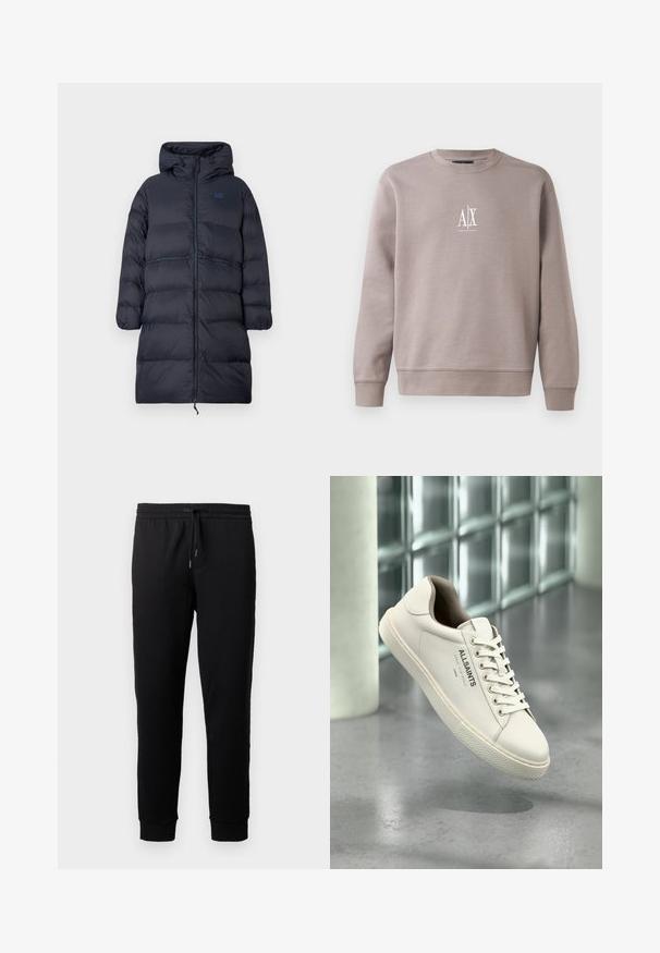 Langer navyblauer gepolsterter Wintermantel mit Kapuze, durchgehendem Reißverschluss, elastischen Bündchen und EA7-Logo auf der Brust.; Grauer Pullover aus weichem Material mit Rundhalsausschnitt, langen Ärmeln und kleinem weißen Logo auf der Brust.; Schwarze Jogginghosen aus weichem Stoff mit einem elastischen Bund und Kordelzug. Mit schmal zulaufenden Beinen und gerippten Bündchen.; Weißer AllSaints-Sneaker mit Schnürsenkeln, Logo und japanischem Text, der über einem polierten Betonboden mit mattierten Glasbausteinen im Hintergrund schwebt.
