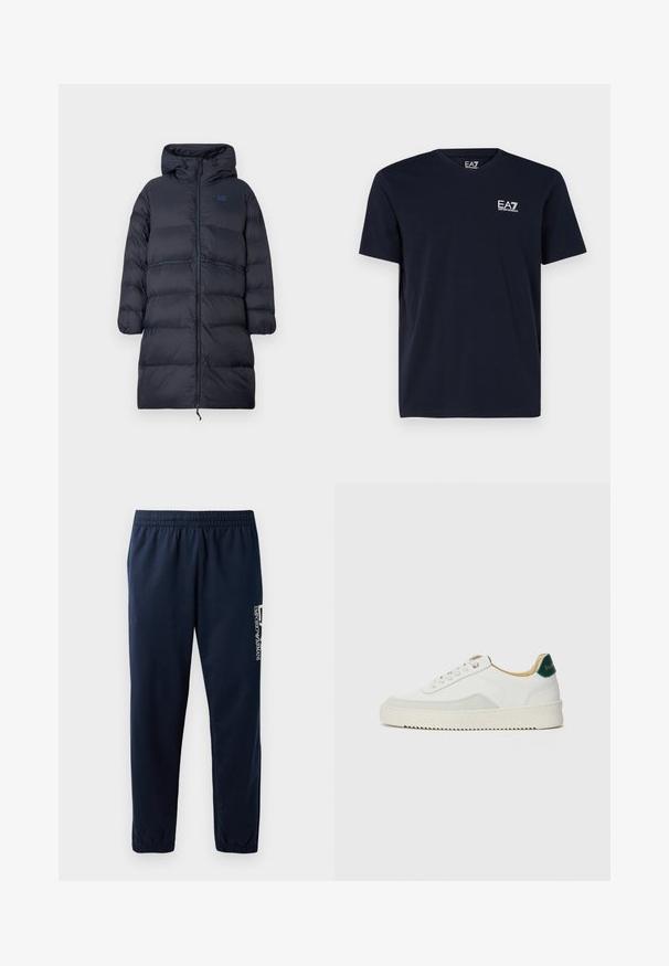 Lang marineblå polstret vinterfrakke med hætte, fuld frontlynlås, elastiske manchetter og EA7-logo på brystet.; Sort T-shirt med korte ærmer og rund halsudskæring med lille hvid EA7 Emporio Armani-logo på venstre bryst.; Marineblå sweatpants med elastisk talje, tætsiddende ben og et hvidt logo på siden. Glat stof med en let tekstur.; Hvide sneakers med ruskindsdetaljer, rund tå, flade snørebånd og en cremet gummisål. Har grøn branding på hælen.