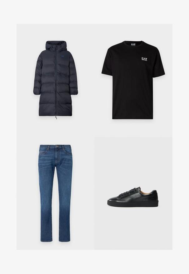 Lang marineblå polstret vinterfrakke med hætte, fuld frontlynlås, elastiske manchetter og EA7-logo på brystet.; Sort bomulds t-shirt med korte ærmer, rund hals og lille hvid EA7-logo på venstre bryst. Glat tekstur, normal pasform.; Blå denimjeans med lige ben, der har et klassisk design med fem lommer og knaplukning. Diskret falming over stofteksturområdet.; Sorte lædersneakers med en glat overflade, rund tå og snørebåndslukning. Har en tyk gummisål og minimal branddetalje.
