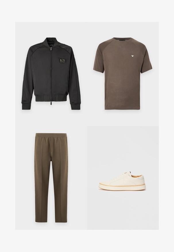 Sort bomberjakke med ribbet krave, manchetter og bund, frontlynlås og et lille Armani Exchange-logo på venstre bryst.; Brun kortærmet strikket t-shirt med rund hals og lille hvid ørn-logo på venstre bryst.; Olivengrønne bukser med lige ben, elastisk talje og diskrete sømdetaljer langs for- og sider.; Hvide lædersneakers med rund tå, enkel snørelukning, polstret indersål og en kontrasterende tan gummisål. Glat tekstur hele vejen igennem.