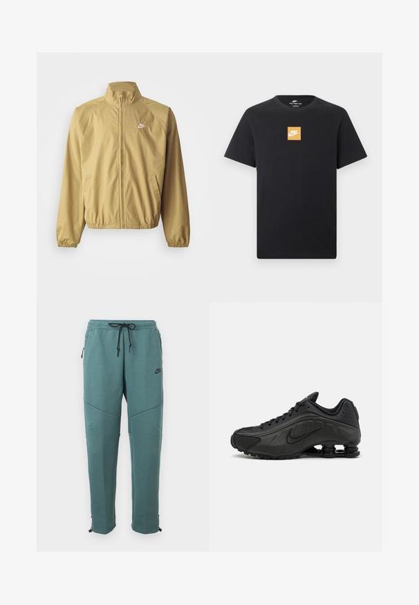 Chaqueta cortavientos beige claro con cuello alto, cremallera completa, puños elásticos, bolsillos laterales y un pequeño logotipo blanco en el pecho.; Camiseta negra de manga corta Nike con un pequeño logo cuadrado naranja y el símbolo blanco de Nike centrado en el pecho.; Pantalones deportivos Nike color verde azulado con cintura con cordón negro, bolsillos laterales con cremallera, detalles en el panel de la rodilla y piernas ajustadas con puños ajustables.; Zapatillas de running negras con un upper sintético liso, detalles perforados, paneles laterales texturizados y una suela distintiva y elástica.