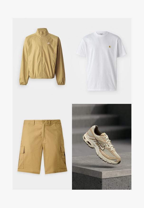 Veste coupe-vent beige clair avec col montant, fermeture éclair intégrale, poignets élastiques, poches latérales et un petit logo blanc sur la poitrine.; T-shirt en coton blanc à manches courtes, col rond, avec un petit logo doré sur la poitrine gauche. Texture douce et coupe régulière.; Short cargo kaki avec bouton sur le devant, passants de ceinture, poches latérales à rabat et logo discret de la marque sur la poche droite de la jambe.; Chaussure de running Nike beige et blanche avec panneaux en mesh et swoosh noir, flottant au-dessus d'un rebord en béton avec des escaliers flous en arrière-plan.