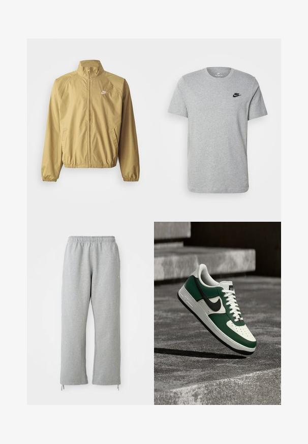 Chaqueta cortavientos beige claro con cuello alto, cremallera completa, puños elásticos, bolsillos laterales y un pequeño logotipo blanco en el pecho.; Camiseta de manga corta gris de algodón, con un logo negro de Nike en el pecho y un cuello redondo. Diseño minimalista sin patrones.; Pantalones de chándal grises con una cintura elástica, piernas rectas y detalles de cordones en el dobladillo. Fabricados en una suave tela texturizada.; Zapatilla Nike Air Force 1 verde y blanca con el logo negro, flotando sobre una superficie de hormigón con escaleras desenfocadas al fondo.