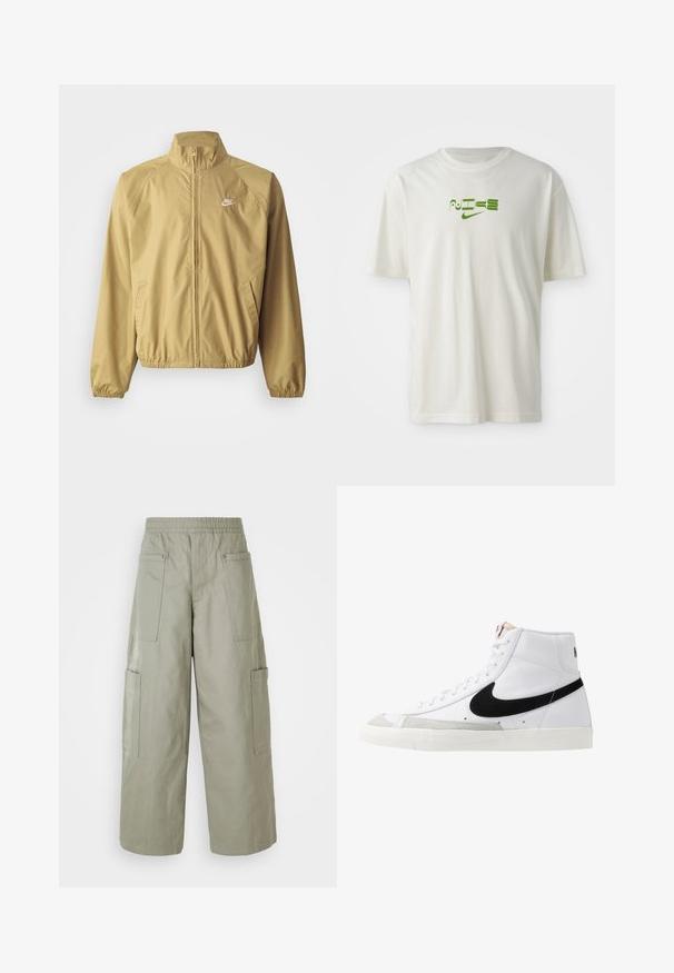 Chaqueta cortavientos beige claro con cuello alto, cremallera completa, puños elásticos, bolsillos laterales y un pequeño logotipo blanco en el pecho.; Camiseta de algodón blanca con un estampado gráfico verde que incluye la palabra "NIKE" y su logotipo. Manga corta y cuello redondo. Textura suave.; Pantalones cargo holgados de color verde oliva con una cinturilla elástica, múltiples bolsillos y una textura suave. Ancho colapsable en el dobladillo.; Zapatillas altas blancas con un swoosh negro, una puntera texturizada en gris y suela plana blanca. Presenta seis ojales y acentos cosidos.