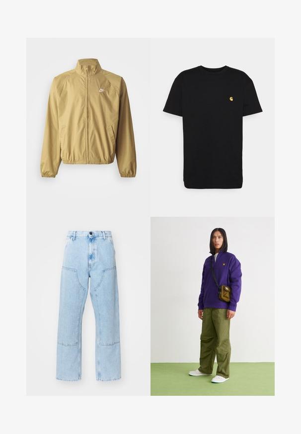 Veste coupe-vent beige clair avec col montant, fermeture éclair intégrale, poignets élastiques, poches latérales et un petit logo blanc sur la poitrine.; T-shirt en coton noir à manches courtes, col rond, avec un petit logo jaune sur la partie gauche de la poitrine. Design simple et coupe régulière.; Jean en denim bleu clair, à jambe droite, avec de grandes poches avant et des coutures contrastées. Le tissu a une texture douce et délavée.; Jordan AIR JORDAN 1 ZM CMFT 2 - Baskets montantes - summit white/bicoastal/oxidized green