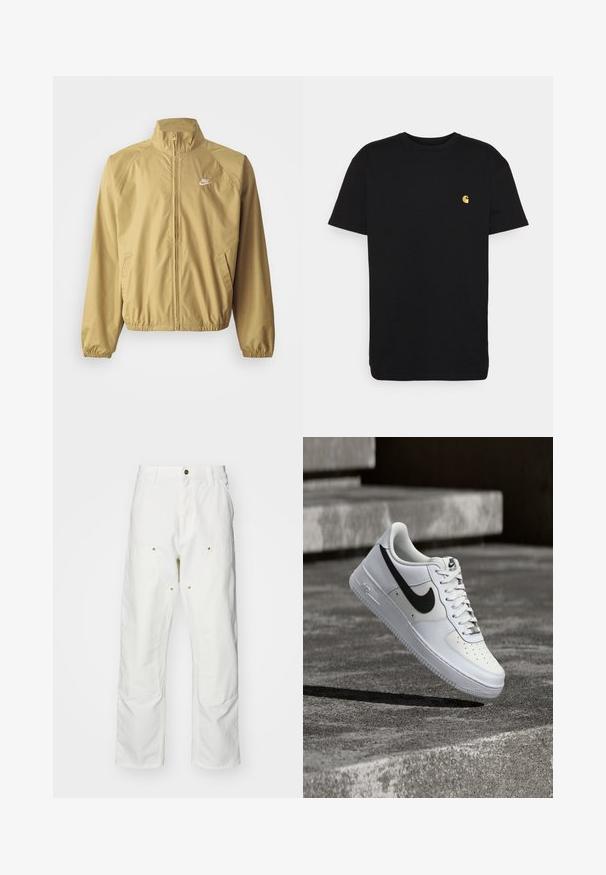 Chaqueta cortavientos beige claro con cuello alto, cremallera completa, puños elásticos, bolsillos laterales y un pequeño logotipo blanco en el pecho.; Camiseta de algodón negra con mangas cortas, cuello redondo y un pequeño logo amarillo en el área del pecho izquierdo. Diseño simple y ajuste regular.; Pantalones cargo de algodón blancos con un corte relajado. Las características incluyen bolsillos frontales, detalles en dorado y secciones de rodilla reforzadas.; Zapatilla blanca Nike Air Force 1 con el logo Swoosh negro, cordones atados, posicionada en el aire sobre una superficie de concreto texturizado al aire libre.
