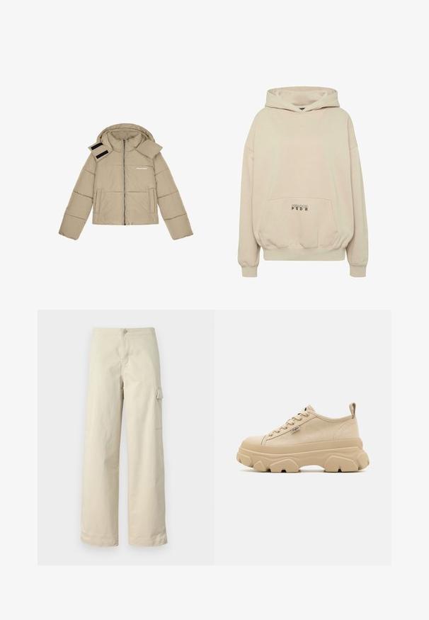 Beige duvetjakke med hætte, lynlås foran, to sidelommer og velcrobånd på skulderen. Tekstlogo på brystet.; Beige hættetrøje med en forlomme, ribbede manchetter og snøre i hætten. "PECADOR PGDR" tekst trykt på lommedelen.; Beige cargo bukser lavet af blødt bomuld, med lige pasform, en frontknap og en sidelomme med flapdetalje.; Beige canvas sneakers med tekstureret overdel, tykke chunky såler og snørebåndsdesign. Har en langtagningssløjfe bagpå hælen og en lille logo detalje.