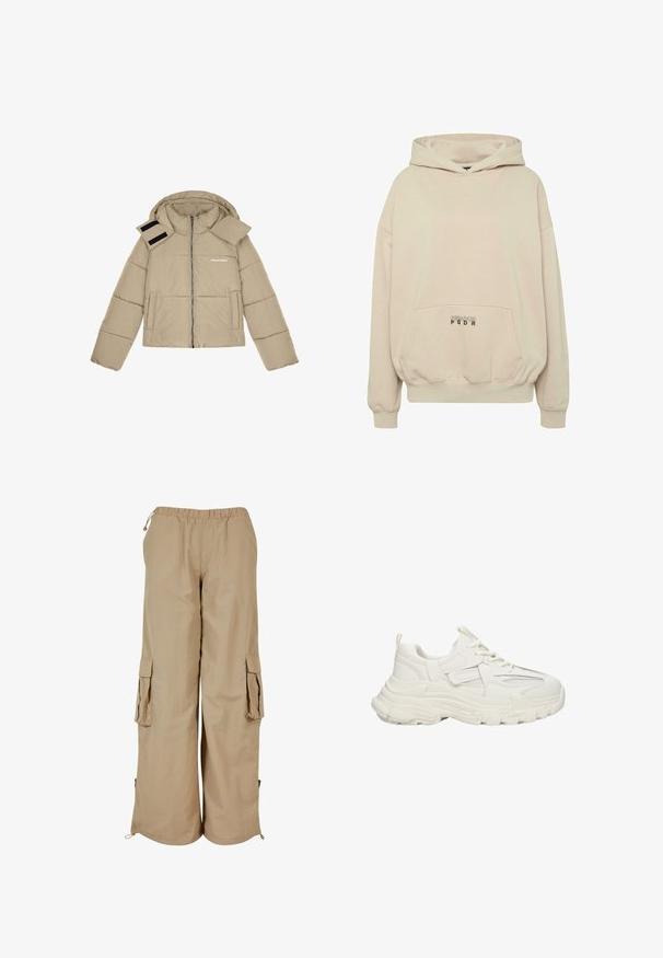 Beige Steppjacke mit Kapuze, Reißverschluss vorne, zwei seitlichen Taschen und Klettverschluss- Akzenten an der Schulter. Textlogo auf der Brust.; Beiger Hoodie mit Fronttasche, gerippten Bündchen und Kordelzugkapuze. "PECADOR PGDR" Schriftzug auf dem Taschenbereich.; Beige Cargo-Shorts mit elastischem Bund, zwei Seitentaschen und Mesh-Akzenten; aus leichtem, strukturierte Stoff gefertigt.; Klüpfige weiße Sneakers mit Obermaterial aus strukturiertem Gewebe und Netzdetails, dicker Gummisohle, runder Zehenpartie und dekorativen Akzenten an den Seiten.