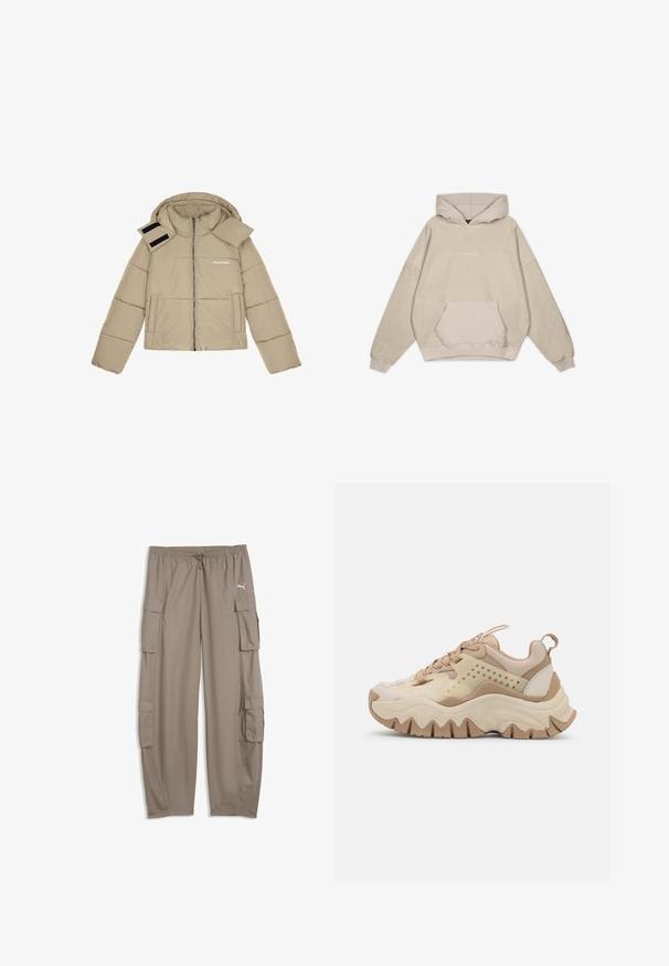 Beige pufferjack met een capuchon, ritssluiting aan de voorkant, twee zijzakken en klittenbandaccenten op de schouder. Tekstlogo op de borst.; Beige hoodie met een ontspannen pasvorm, buidelzak, omgeslagen mouwen en een gladde textuur. Heeft subtiele logodetails aan de voorkant.; Lichtbruine, losse cargobroek met trekkoord in de taille en klepzakken op elke pijp, met een klein wit Puma-logo aan de rechterkant.; Beige en crèmekleurige sneaker met een gestructureerde bovenkant, geperforeerde zijkanten en een golvende zool. Heeft veters en een treklus aan de hiel.