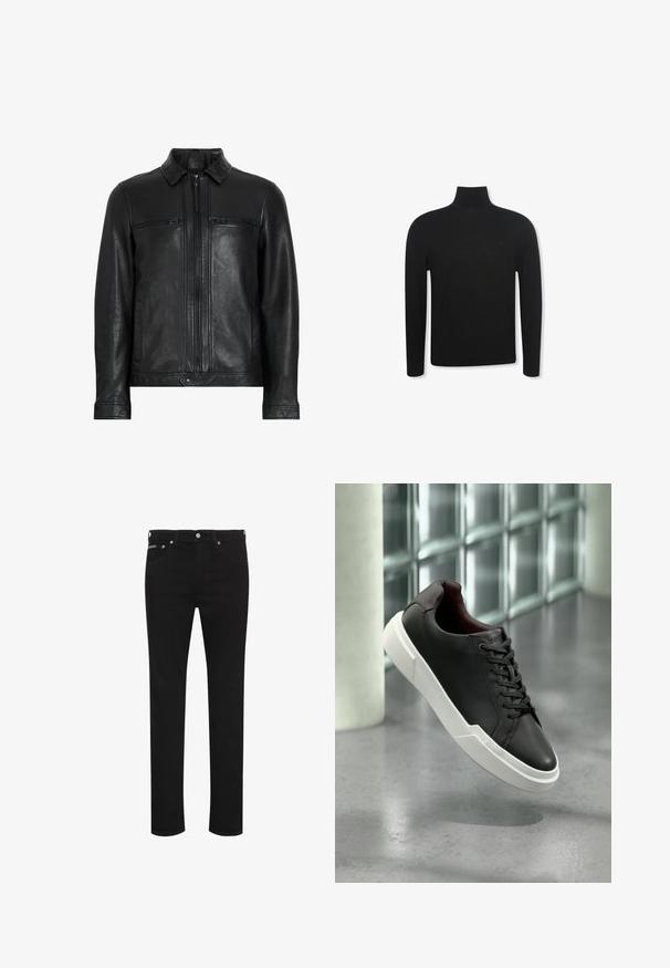Veste en cuir noir avec un col, deux poches poitrine zippées, des poches latérales et une finition lisse et texturée. Elle est dotée d'une fermeture éclair à l'avant.; Pull noir à col roulé manches longues, coupe ajustée et logo discret sur la partie gauche de la poitrine, présenté sur fond blanc.; Jean noir slim-fit avec bouton à l'avant, passants de ceinture et poches avant visibles, présenté sur fond blanc.; Baskets en cuir noir avec une semelle blanche épaisse, lacets noirs, flottant au-dessus d'un sol en béton gris près d'un mur en blocs de verre.