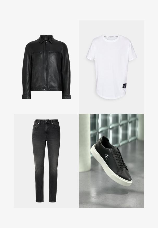 Chaqueta de cuero negro con cuello, dos bolsillos en el pecho con cremallera, bolsillos laterales y un acabado suave y texturizado. Presenta un cierre frontal con cremallera.; Camiseta blanca de algodón con mangas cortas enrolladas, dobladillo redondeado y una etiqueta de logo negra que presenta "CK" en la esquina inferior izquierda.; Jean negros de mezclilla, con corte recto, cinco bolsillos y cierre de botón. Un ligero desgaste añade textura a la tela.; Zapatilla deportiva de cuero negro con suela de goma blanca y el logo "CK Calvin Klein" en el lateral, mostrada sobre un fondo de vidrio con azulejos.