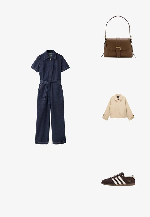 Chaqueta corta beige con cuello redondeado, dos bolsillos frontales y puños abotonados. Fabricada en un tejido suave y ligero.; Mono de mezclilla azul oscuro con mangas cortas, cremallera frontal, pantalones anchos, cinturón y cuello.; Zapatillas de ante marrón con tres rayas blancas, suela de goma y etiqueta con texto "Gazelle" en dorado. Diseño con cordones grises.; Bolso de hombro de cuero marrón con solapa frontal y hebilla dorada, con una correa ajustable con herrajes dorados sobre fondo blanco.