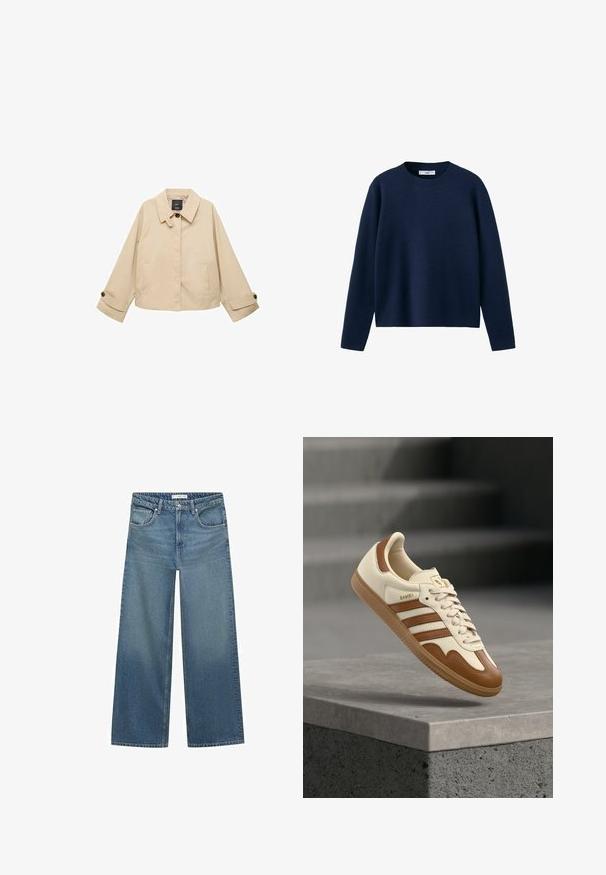 Beige verkürzte Jacke mit rundem Kragen, zwei Fronttaschen und geknöpften Manschetten. Hergestellt aus einem glatten, leichten Stoff.; Marineblauer Pullover mit langen Ärmeln und Rundhalsausschnitt, mit geripptem Kragen, geradem Saum und einfachem, einfarbigem Strickstoff.; Helleblaue weit geschnittene Jeans aus Denim mit mittelhoher Taille, zwei Fronttaschen und klassischen Nähten.; Klassischer Sneaker mit cremefarbenem Lederobermaterial, braunen Akzenten, drei Streifen und einer strukturierten Gummisohle. Verfügt über eine abgerundete Spitze und eine Schnürverschluss.