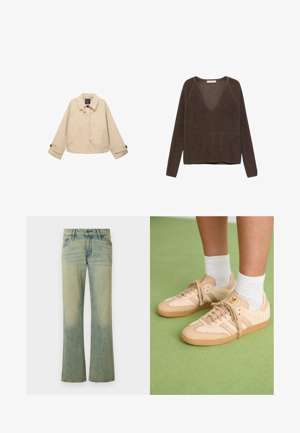 Beige verkürzte Jacke mit rundem Kragen, zwei Fronttaschen und geknöpften Manschetten. Hergestellt aus einem glatten, leichten Stoff.; Brauner Strickpullover mit tiefem V-Ausschnitt und langen Ärmeln. Verfügt über eine leicht lockere Passform und eine dezente, funkelnde Textur.; Hellblaue Jeans aus Denim mit weit ausgestelltem Bein Design, ausgestattet mit fünf Taschen und dezenten Ausbleichungen. Der Stoff hat eine glatte Textur und einen klassischen Knopfverschluss.; Füße in beigen, gewebten Adidas-Sneakern mit Gummisohlen und weißen Knöchelsocken auf grüner texturierter Fläche.