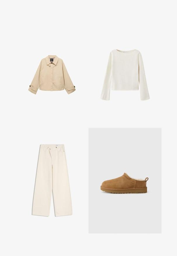 Beige verkürzte Jacke mit rundem Kragen, zwei Fronttaschen und geknöpften Manschetten. Hergestellt aus einem glatten, leichten Stoff.; Off-white Langarmpullover mit weitem Rundhalsausschnitt und leicht ausgestellten Ärmeln, aus weichem Strickstoff gefertigt.; Off-White weite Hosen mit Vordertaschen, Gürtelschlaufen und silbernen Knöpfen an Bund und Taschenrändern.; Brauner Wildlederschuh zum Hineinschlüpfen mit einem weichen, weißen Fellfutter, flacher Gummisohle, runder Zehenform und einer kleinen Zuglasche an der Ferse.