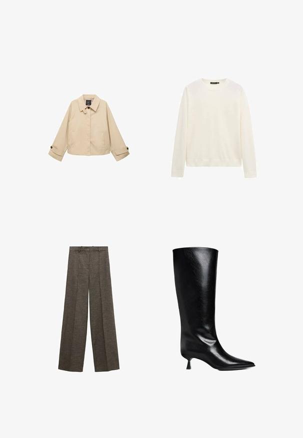 Beige verkürzte Jacke mit rundem Kragen, zwei Fronttaschen und geknöpften Manschetten. Hergestellt aus einem glatten, leichten Stoff.; Weißer Langarmpullover mit Rundhalsausschnitt, gerippten Bündchen und Saum, vor einem schlichten weißen Hintergrund präsentiert.; Braune Hosen mit weitem Bein, vorderen Falten, Gürtelschlaufen und strukturiertem Stoff.; Schwarze Lederstiefel bis zum Knie mit spitzem Zehenbereich, schlanker Silhouette und niedrigem Blockabsatz mit glänzender Oberfläche.