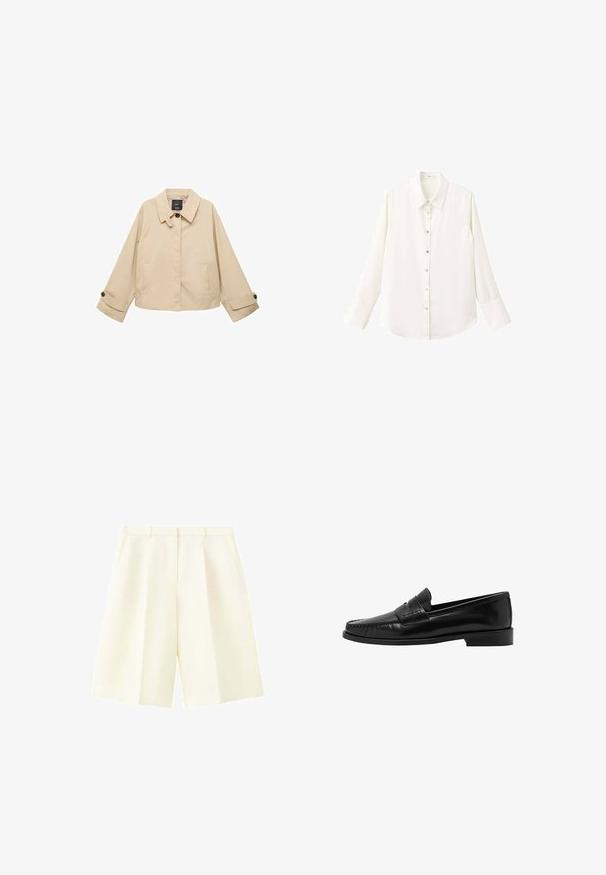 Beige verkürzte Jacke mit rundem Kragen, zwei Fronttaschen und geknöpften Manschetten. Hergestellt aus einem glatten, leichten Stoff.; Weißes, langärmeliges Hemd mit Knopfleiste, klassischem Kragen und vorne zuzuknöpfendem Verschluss; besteht aus einem glatten, leichten Stoff und hat einen abgerundeten Saum.; Hoch taillierte, cremefarbene, maßgeschneiderte Shorts mit Gürtelschlaufen, vorderen Falten und Seitentaschen, vor weißem Hintergrund dargestellt.; Mango Slipper - black