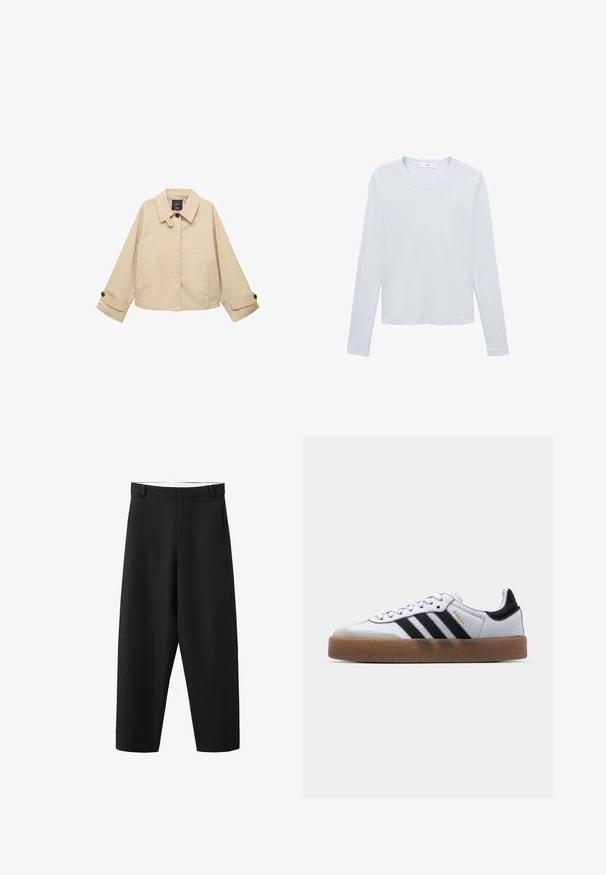 Beige verkürzte Jacke mit rundem Kragen, zwei Fronttaschen und geknöpften Manschetten. Hergestellt aus einem glatten, leichten Stoff.; Weißes langärmeliges Baumwoll-T-Shirt mit Rundhalsausschnitt, geradem Saum und minimalen Nähten, flach auf weißem Hintergrund liegend.; Schwarze gerade geschnittene Hose mit Gürtelschlaufen, einem Frontreißverschluss und einem sauberen, schlichten Design, geeignet für formelle oder legere Anlässe.; Weiße Leder Sneakers mit schwarzen Streifen, Gummigummi-Außensohle, runder Zehenform, Schnürverschluss und weichem grauem Wildleder-Zehenkappe.