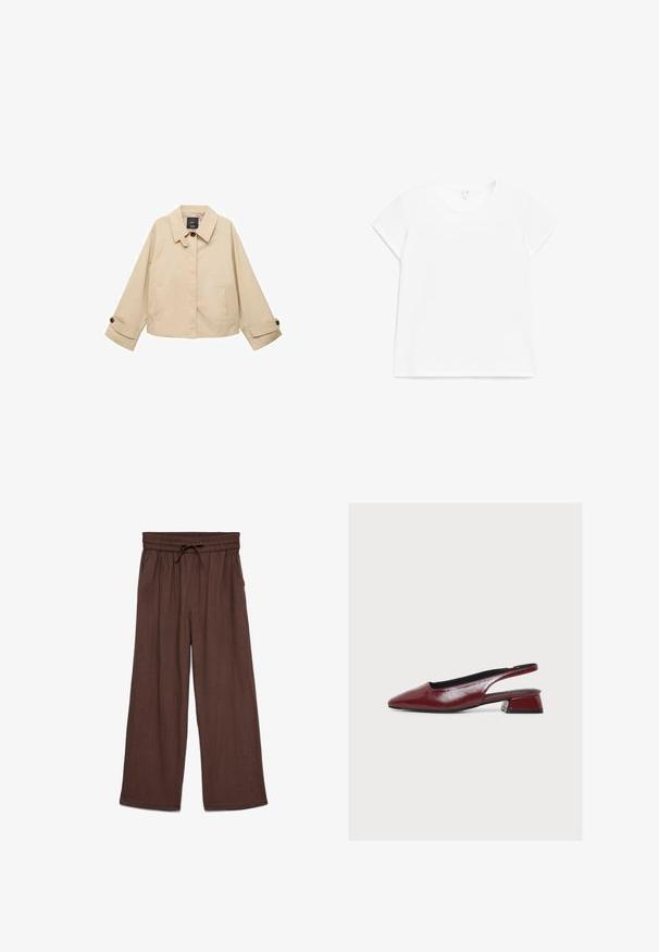 Chaqueta corta beige con cuello redondeado, dos bolsillos frontales y puños abotonados. Fabricada en un tejido suave y ligero.; Camiseta blanca de manga corta con cuello redondo y ajuste regular, presentada plana sobre un fondo blanco.; Pantalones marrones de pierna ancha con cintura elástica y cordón ajustable, con bolsillos laterales, extendidos sobre un fondo blanco.; Zapato slingback de cuero burdeos con punta afilada y tacón bajo cuadrado, mostrado de perfil sobre fondo blanco.