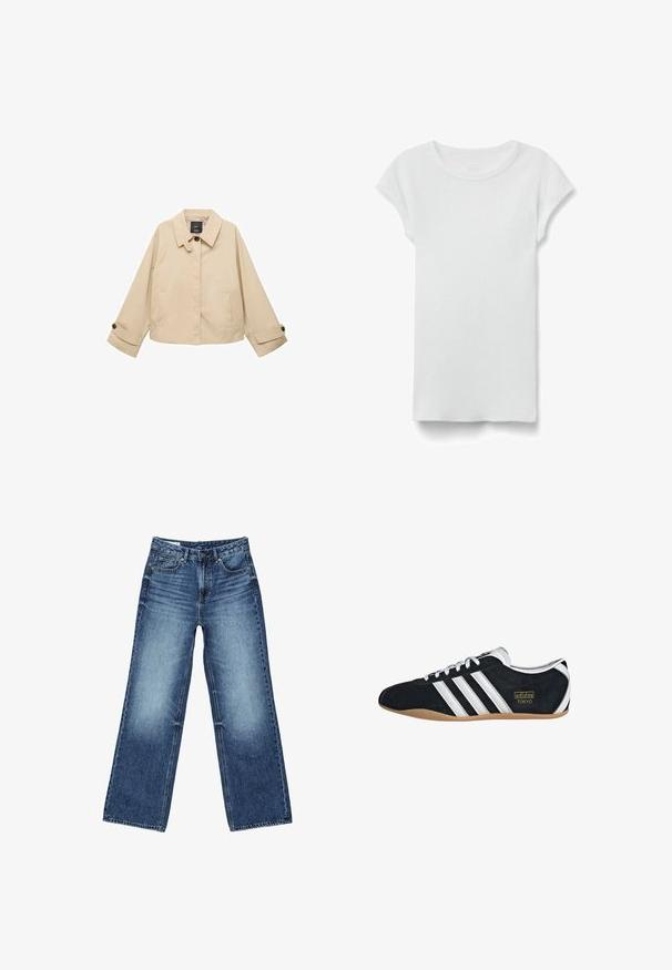 Beige verkürzte Jacke mit rundem Kragen, zwei Fronttaschen und geknöpften Manschetten. Hergestellt aus einem glatten, leichten Stoff.; Weißes kurzärmeliges, geripptes T-Shirt mit Rundhalsausschnitt, flach auf weißem Hintergrund liegend, zeigt die Vorderseite und einen einfachen, legeren Stil.; Blaue Jeans mit weitem Bein, ausgestattet mit vorderen und Münztaschen, Knopfverschluss und ausgewaschenen Bereichen an Oberschenkeln und Knien.; Schwarze Wildledersneaker mit drei weißen Streifen, goldenem Logo und brauner Gummisohle. Merkmale ein niedrigprofiliertes Schnürdesign.