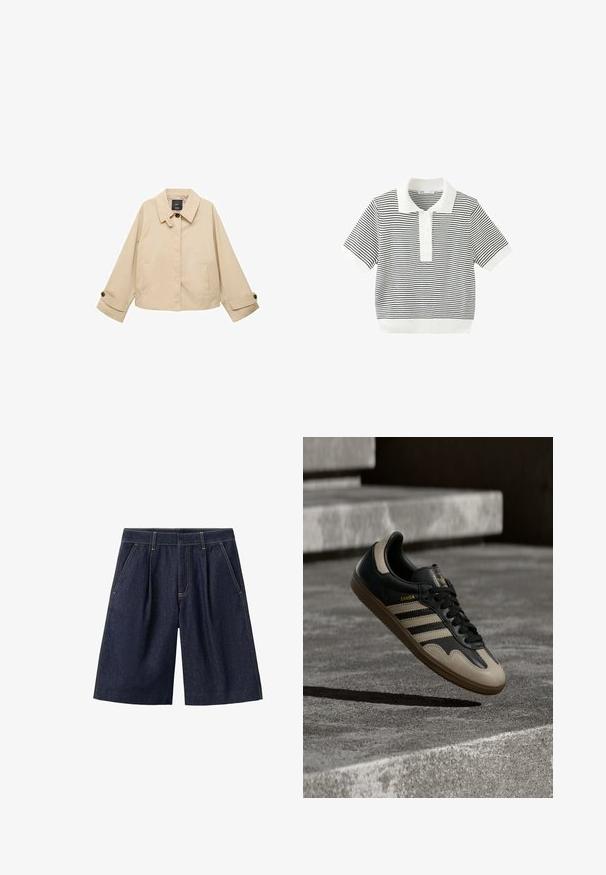 Chaqueta corta beige con cuello redondeado, dos bolsillos frontales y puños abotonados. Fabricada en un tejido suave y ligero.; Polo blanco de manga corta con finas rayas horizontales negras y tapeta con botones sobre un fondo blanco.; Pantalones cortos de mezclilla azul oscuro hasta la rodilla con bolsillos delanteros y trabillas para cinturón, con detalles visibles de costuras amarillas.; Zapatilla de cuero negra y beige con tres rayas blancas, suela de goma beige y detalles dorados "Samba" en el lateral.