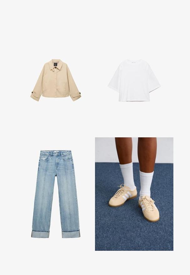 Beige verkürzte Jacke mit rundem Kragen, zwei Fronttaschen und geknöpften Manschetten. Hergestellt aus einem glatten, leichten Stoff.; Weißes, kurzärmeliges, kastiges T-Shirt aus weicher Baumwolle. Es verfügt über einen Rundhalsausschnitt und breite Ärmel mit einem klaren, schlichten Design.; Hellblaue Denim-Jeans im weiten Schnitt mit hoher Taille, ausgestattet mit fünf Taschen, sichtbaren Nähten und umgeschlagenen Säumen an den Bündchen.; Person mit beigen Adidas Sneakers mit weißen Streifen und weißen Socken, der auf einem blauen Teppichboden steht.
