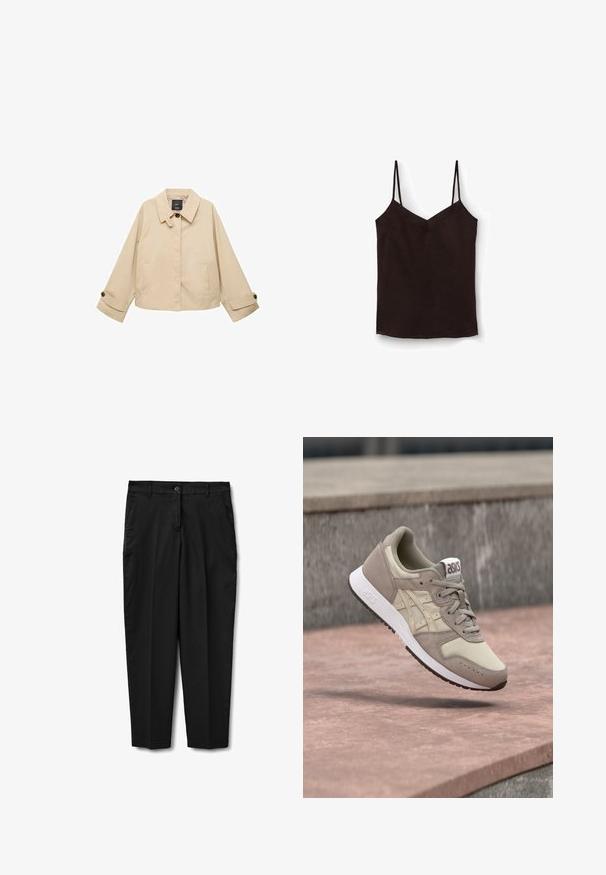 Chaqueta corta beige con cuello redondeado, dos bolsillos frontales y puños abotonados. Fabricada en un tejido suave y ligero.; Top de camisola negro sin mangas para mujer con tirantes finos y escote en forma de V sobre fondo blanco.; Pantalones negros de pierna recta con trabillas para cinturón, botón delantero, cierre de cremallera y bolsillos laterales, mostrados planos sobre fondo blanco.; Zapatilla ASICS beige y marrón claro con suela blanca, flotando sobre una superficie de piedra al aire libre.