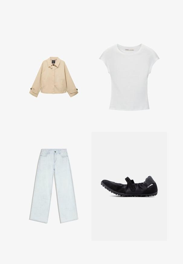 Beige verkürzte Jacke mit rundem Kragen, zwei Fronttaschen und geknöpften Manschetten. Hergestellt aus einem glatten, leichten Stoff.; Weißes Baumwoll-T-Shirt mit kurzen, aufgerollten Ärmeln, rundem Ausschnitt und geradem Saum. Glatte Textur ohne sichtbare Muster oder Akzente.; Hellblaue Jeans mit weitem Bein, vorne mit Knopf und Reißverschluss, Gürtelschlaufen und Fünf-Taschen-Stil, flach auf weißem Hintergrund ausgelegt.; Schwarzer leichter Freizeitschuh mit einem Riemen, strukturiertem Schuhsohle und elastischem Detail rund um die Ferse und Seiten.