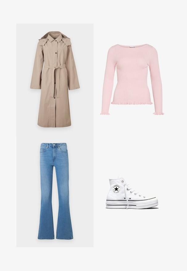 Trench-coat beige avec ceinture à la taille, fermeture par boutons, manches larges et capuche. Tissu lisse avec peu de détails et sans motifs.; Haut rose clair côtelé à manches longues avec encolure bateau, poignets volantés et détails volantés à l'ourlet.; Jean évasé en denim bleu clair avec une taille mi-haute, doté de poches avant et d'une fermeture à boutons. Texture lisse et design classique à cinq poches.; Baskets montantes blanches Converse Chuck Taylor All Star avec patch logo noir et lacets blancs, présentées sur fond blanc.