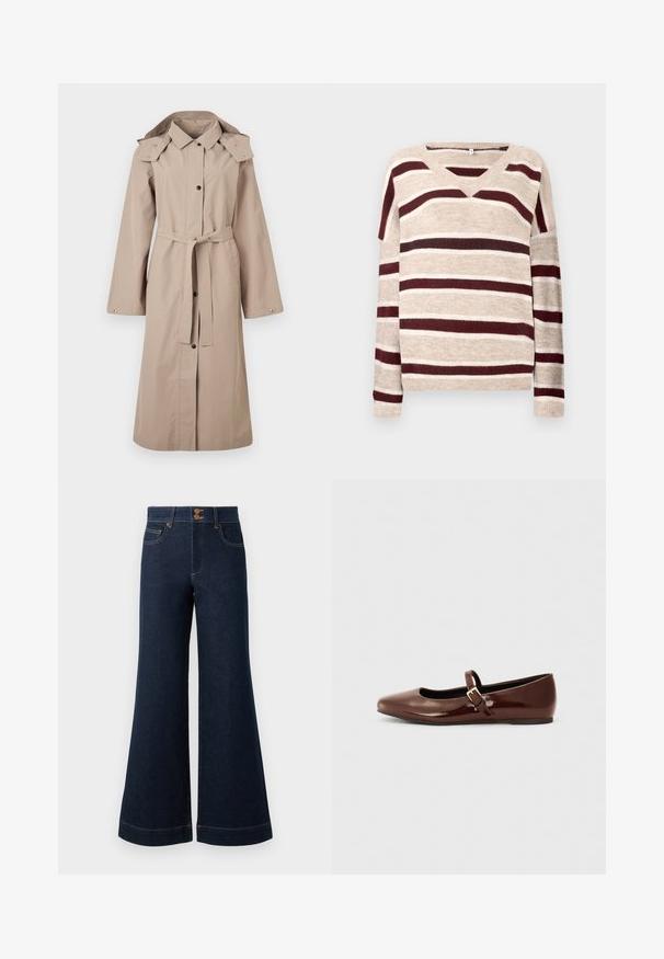Trench-coat beige avec ceinture à la taille, fermeture par boutons, manches larges et capuche. Tissu lisse avec peu de détails et sans motifs.; Pull en V beige avec des rayures rouge foncé et crème. Doté de manches longues et d'un ourlet côtelé. Texture douce et coupe décontractée.; Jean en denim bleu foncé avec une évasement large, taille haute, poches avant et couture dorée contrastante. Équipé d'une fermeture à double bouton.; Ballerine en cuir verni marron avec un bout carré et une lanière ornée d'une petite boucle dorée. Texture lisse, talon bas et design minimaliste.