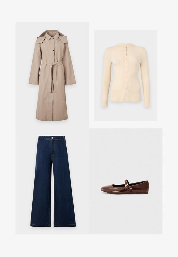 Trench-coat beige avec ceinture à la taille, fermeture par boutons, manches larges et capuche. Tissu lisse avec peu de détails et sans motifs.; Haut beige à manches longues, ajusté, col rond, boutonné devant, avec une petite fente au centre du bas.; Jeans en denim à jambe large de couleur bleu foncé avec des coutures dorées, dotés d'une fermeture à bouton et à fermeture éclair à l'avant, et d'un design classique à cinq poches.; Ballerine en cuir verni marron avec un bout carré et une lanière ornée d'une petite boucle dorée. Texture lisse, talon bas et design minimaliste.