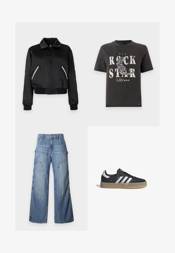 Chaqueta bomber de satén negra con dobladillo acanalado, que presenta dos bolsillos laterales con cremalleras blancas en contraste y un diseño de cuello clásico.; Camiseta de algodón negra con el texto en blanco "ROCK STAR" en negrita y un diseño de silueta de gato brillante. Cuello redondo y mangas cortas.; Good American GOOD EASE RELAXED - Vaqueros boyfriend - indigo; Zapatilla deportiva de cuero negro con tres rayas plateadas, punta texturizada y suela de goma. Cuenta con un collar acolchado y un diseño con cordones.